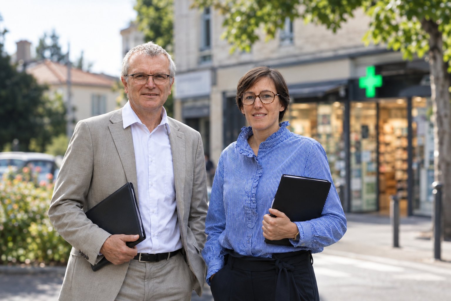 Les deux associés devant une officine, un dossier à la main